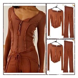 PL Urban Outfitters Out From Under Sweet Dreams Brown Henley thermal knit Set